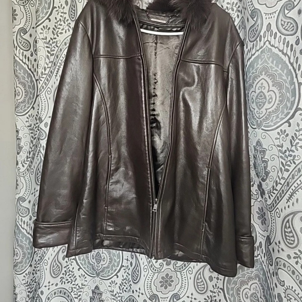 Vintage Knowles and Carter Dark Brown Leather Jacket with Fur Trim Size Medium